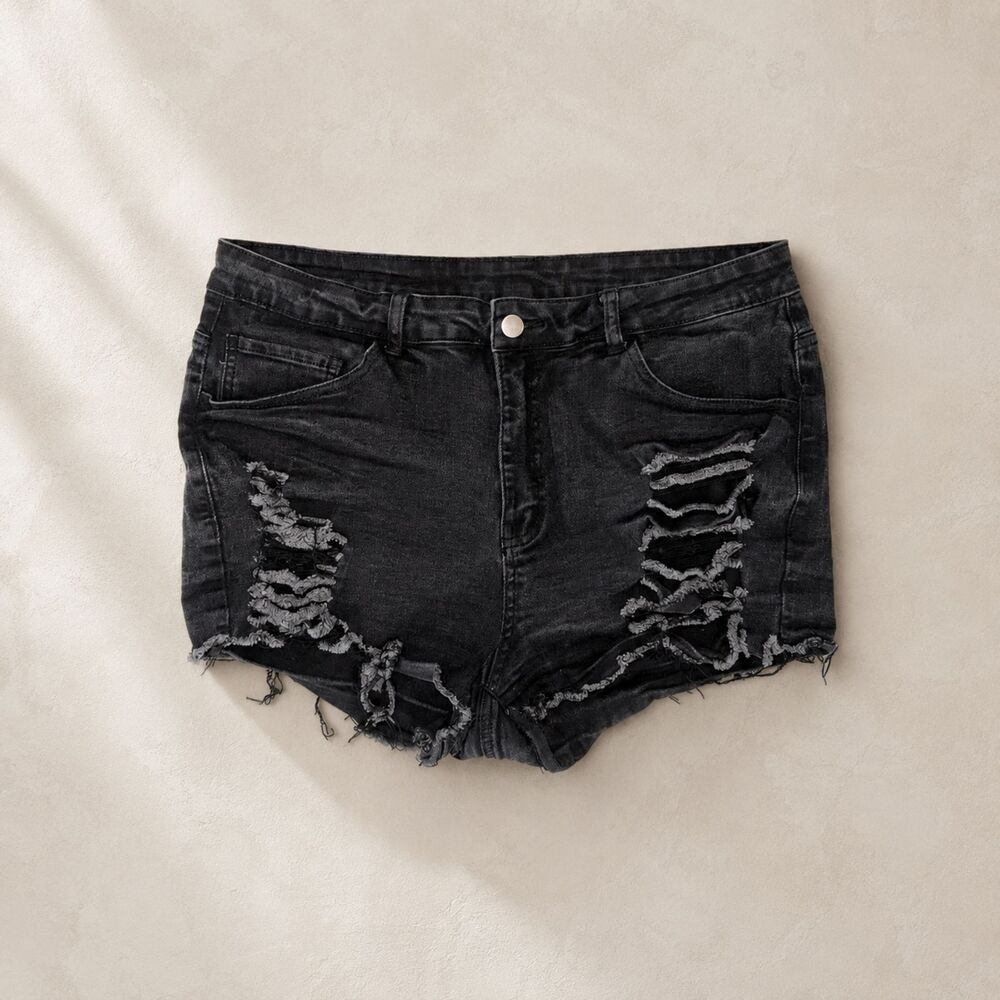 SHEIN Black Distressed High-Rise Denim Jean Shorts